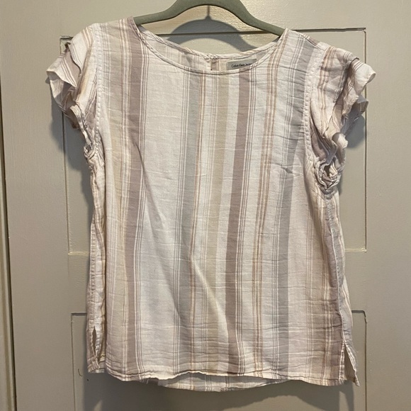 Calvin Klein Muted neutral stripped cotton top - Picture 1 of 4